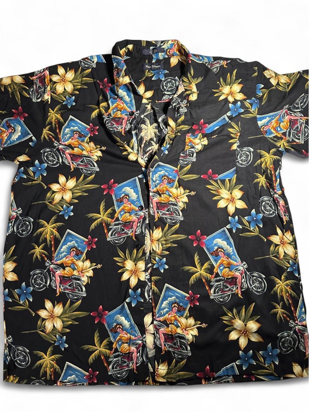 Marc Edwards Men’s XL Hawaiian Shirt Motorcycle Pin Up Floral Black